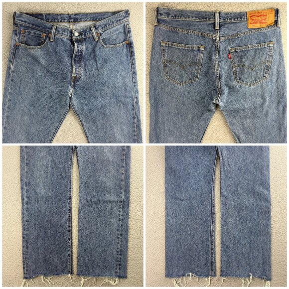 Levis 501 Jeans Mens 34x34 Pants Blue Stonewash Frayed Hem Button Straight Denim - Picture 9 of 12
